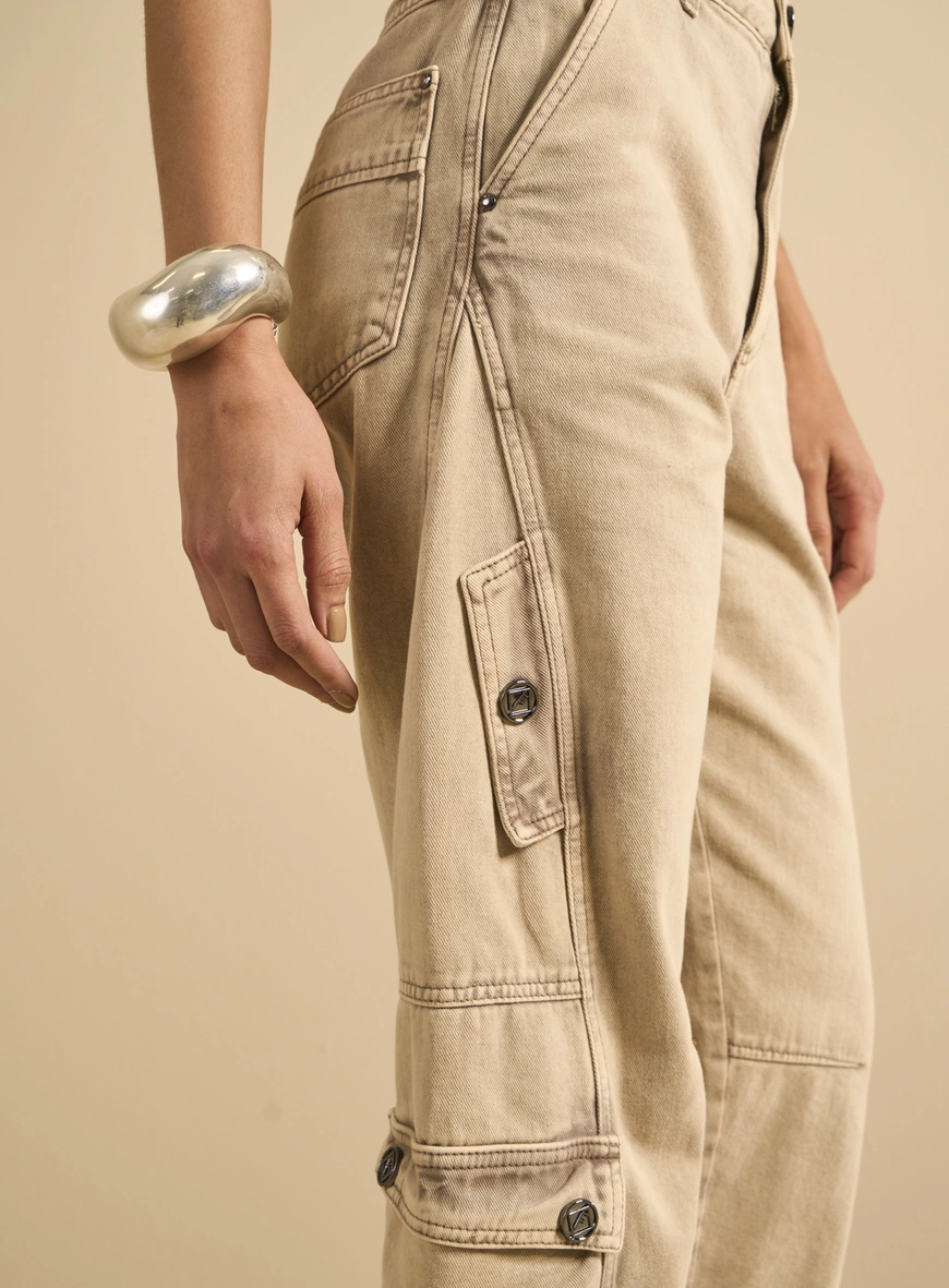 Calça Sarja Feminina Barrel Cropped Bege