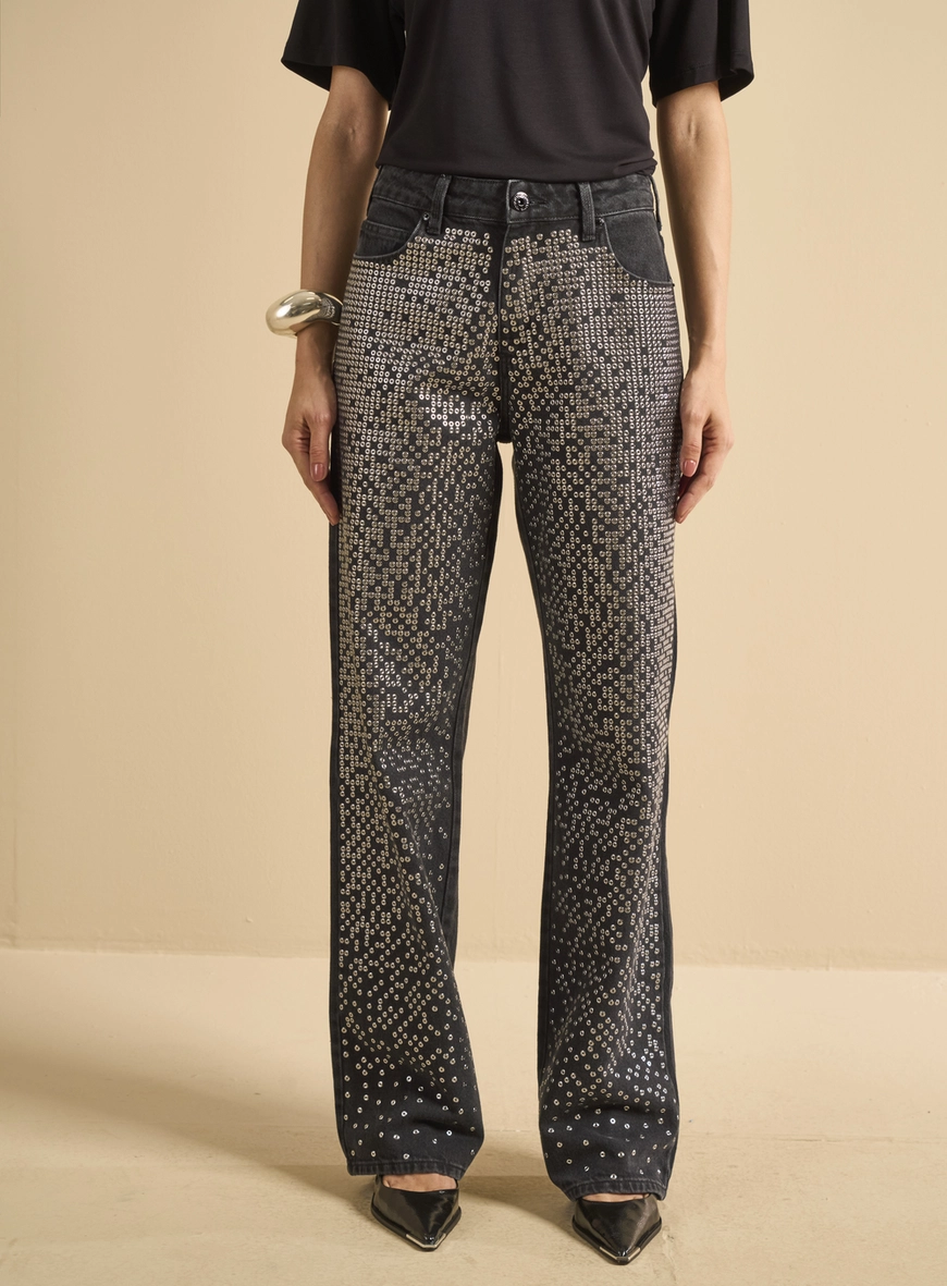 Calça Jeans Com Aplicação - Raquel Wide Leg Indigo Preto