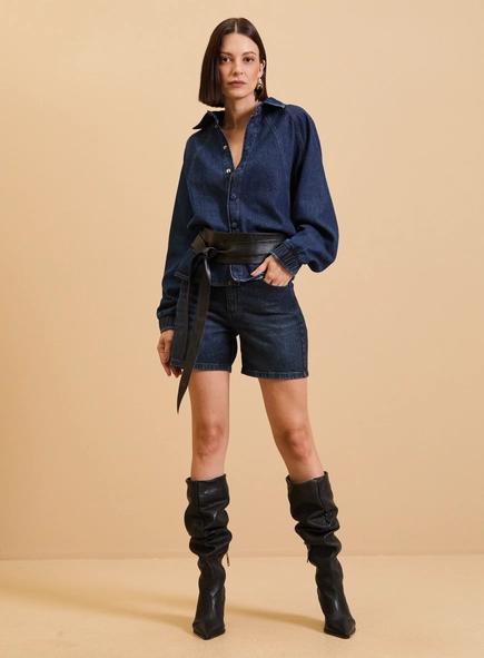 Bermuda Jeans Feminina Reta Lavagem Escura