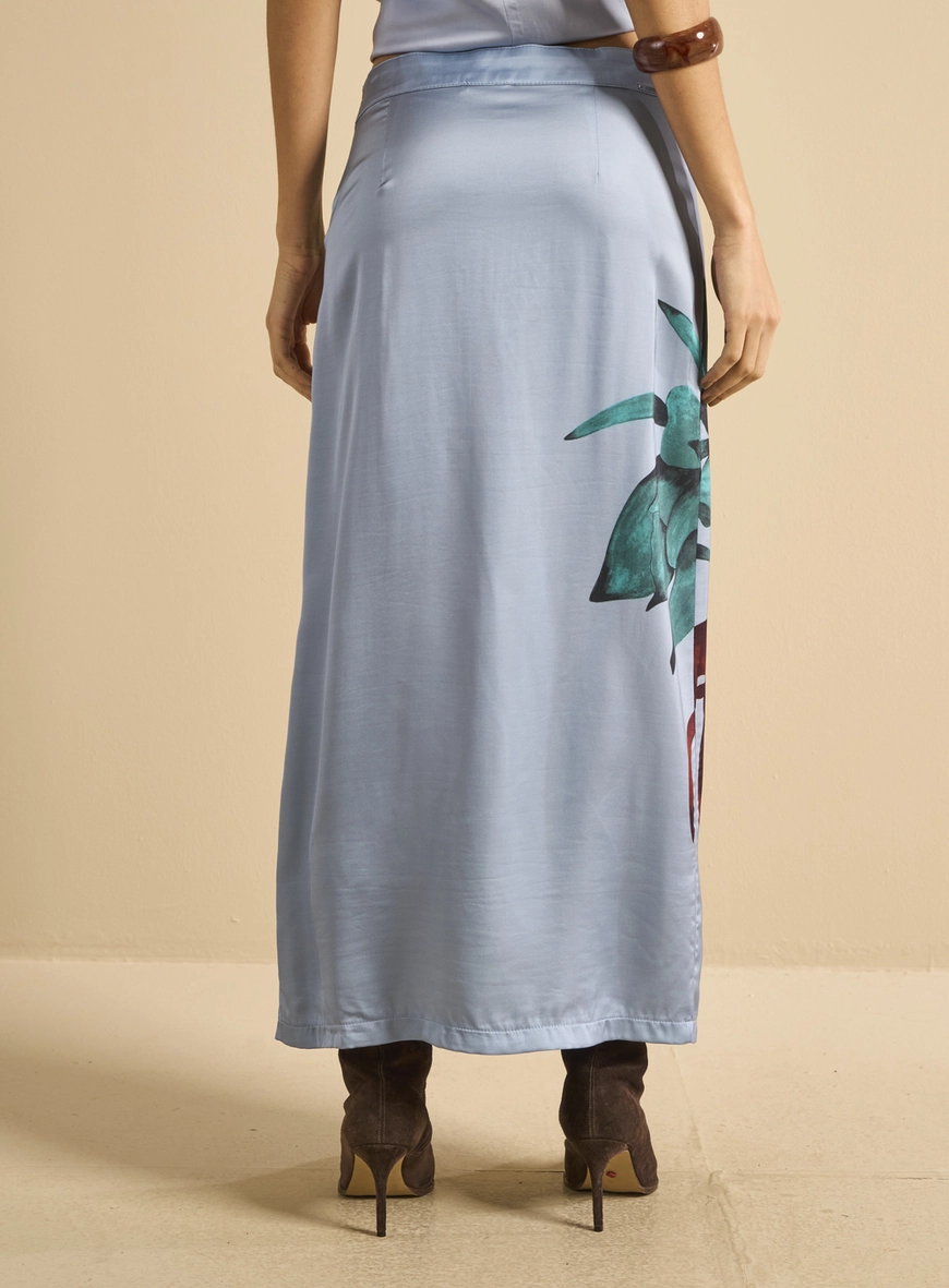 Saia Midi Reta Com Fenda - Aura Floral Azul