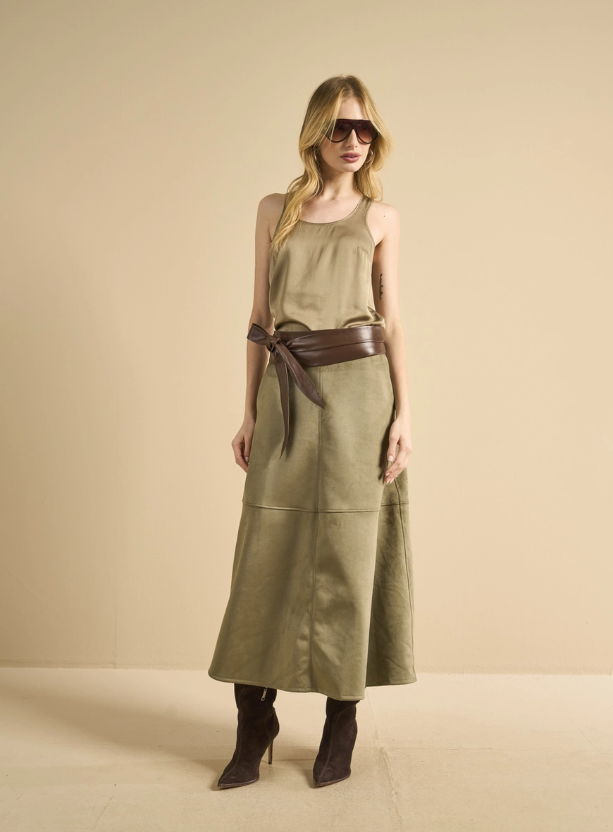 Saia Midi Suede Ampla Bege