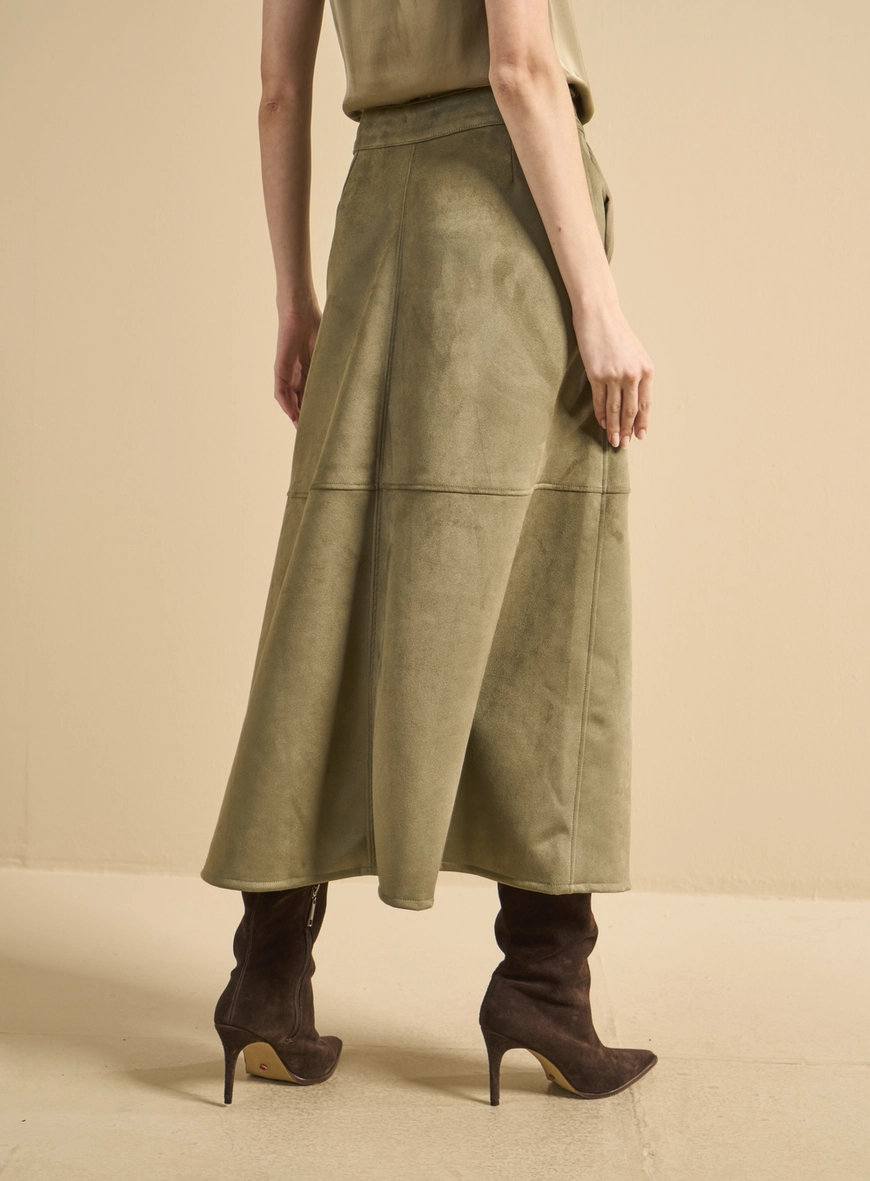 Saia Midi Suede Ampla Bege