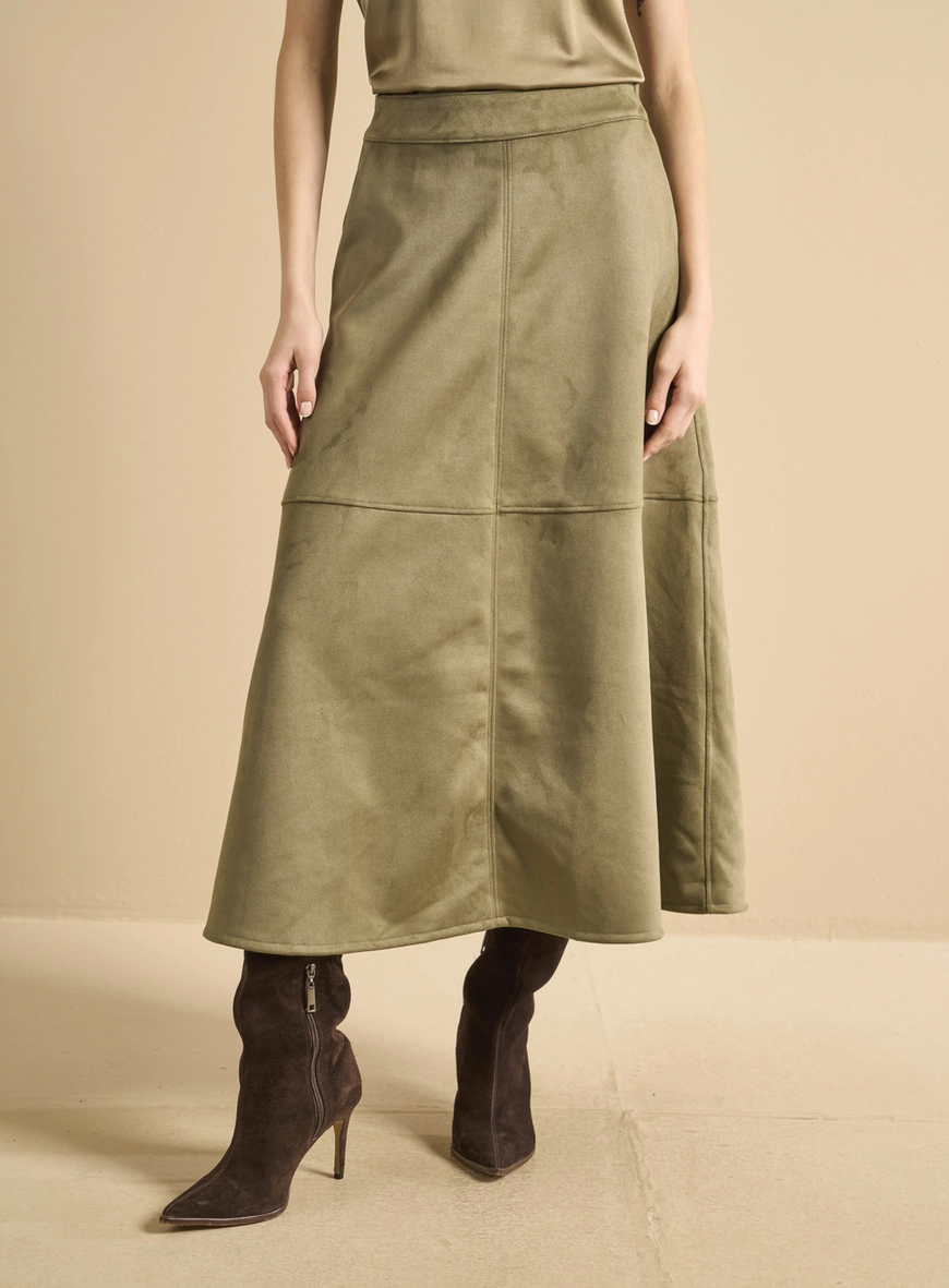 Saia Midi Suede Ampla Bege