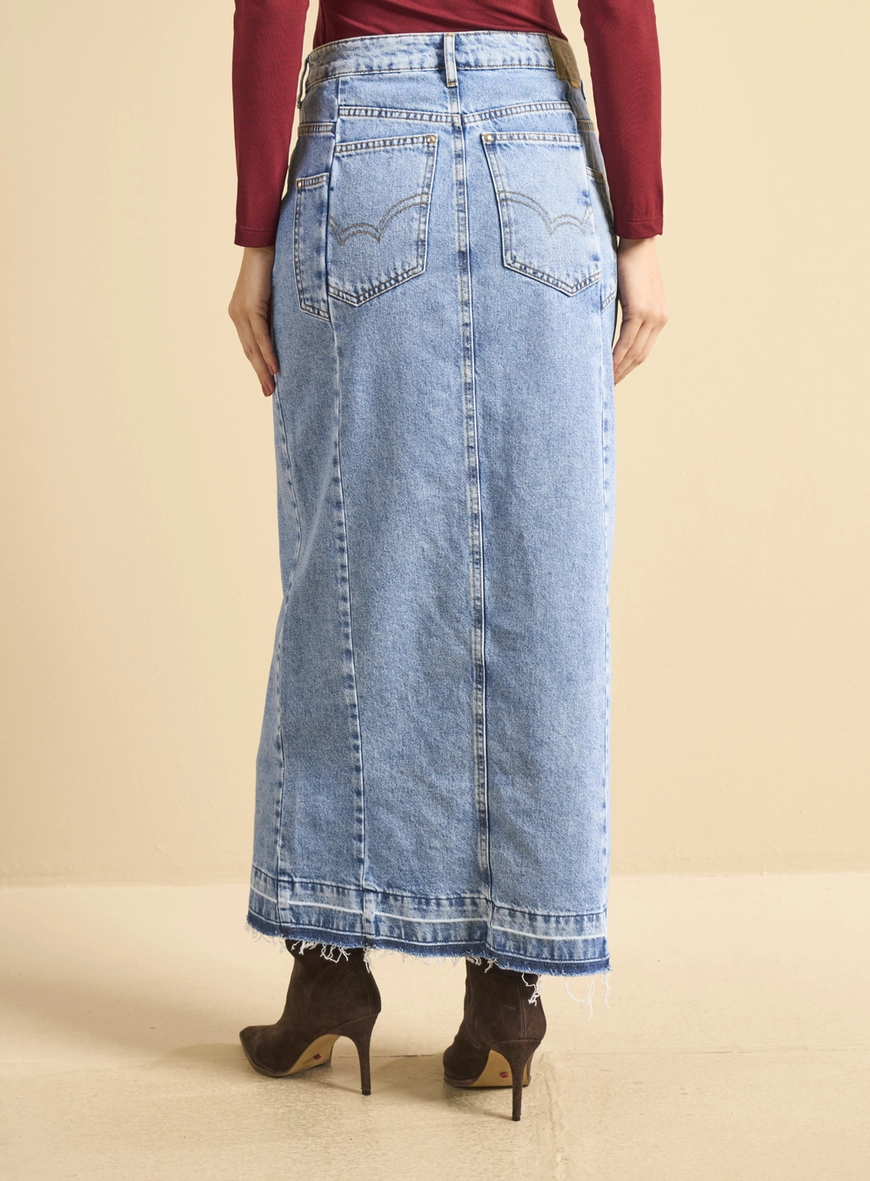 Saia Jeans Longa Com Sobreposição Índigo
