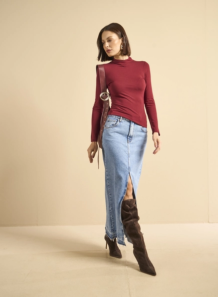 Saia Jeans Longa Com Sobreposição