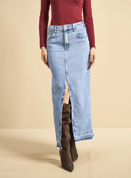 Saia Jeans Longa Com Sobreposição