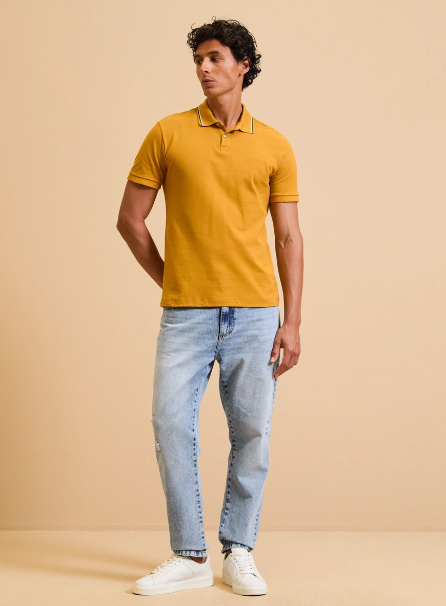 Polo Masculina Muscle Piquet Com Frisos Amarelo