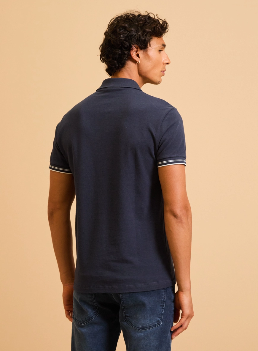 Polo Masculina Muscle Piquet Gola Cubana Frisos Azul