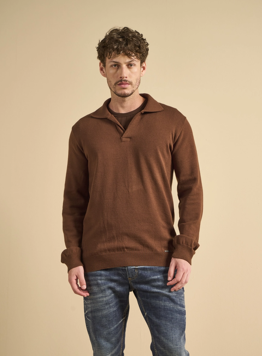 Polo Masculina Tricô Manga Longa Marrom