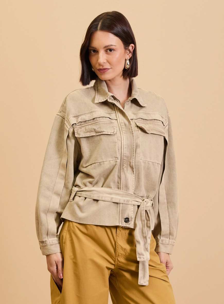Jaqueta Sarja Feminina Com Cinto 80's Bege