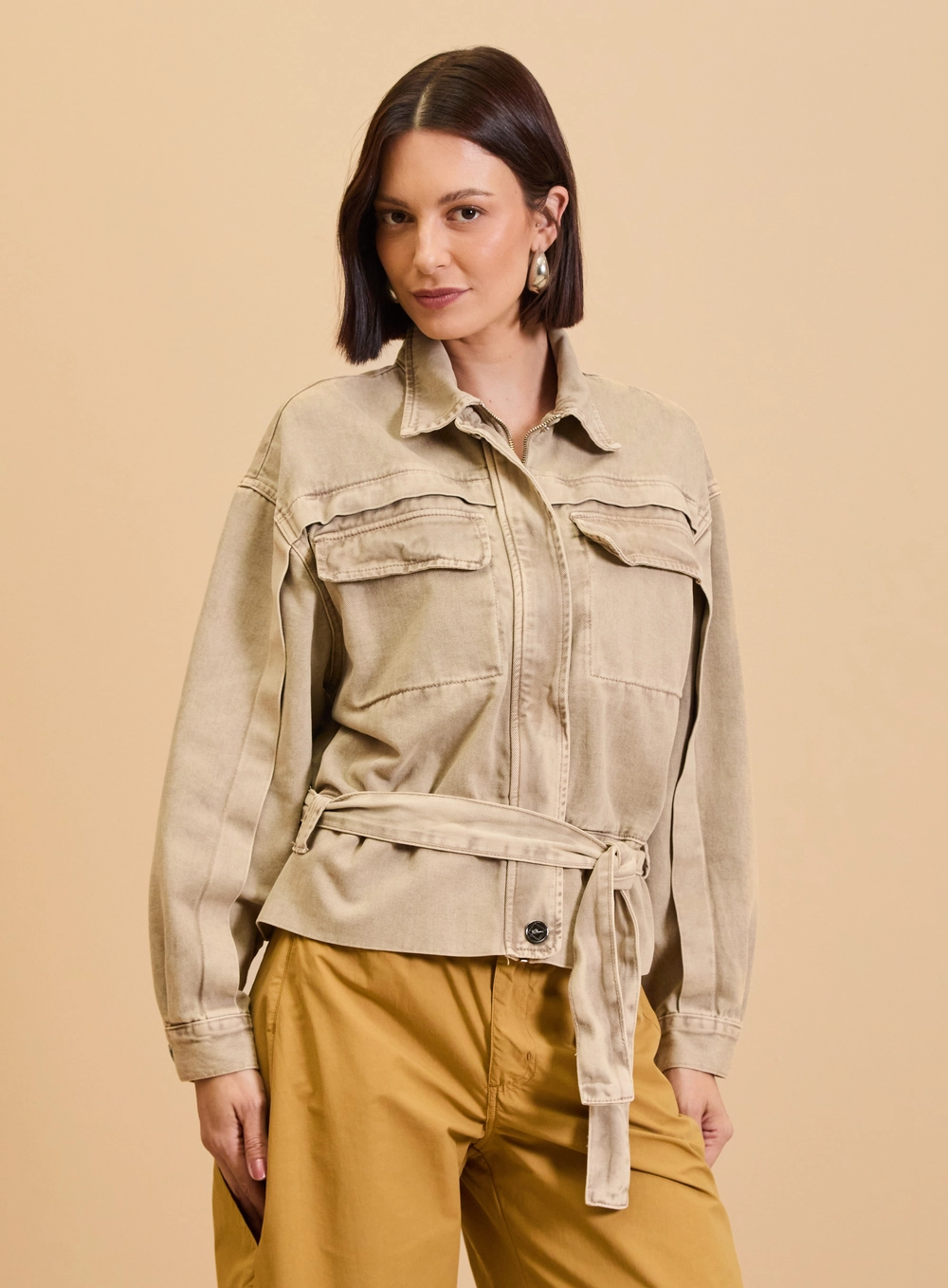 Jaqueta Sarja Feminina Com Cinto 80's Bege 3