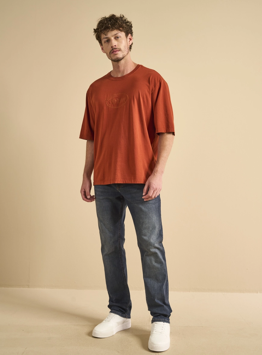 Camiseta Masculina Over Com Bordado Laranja