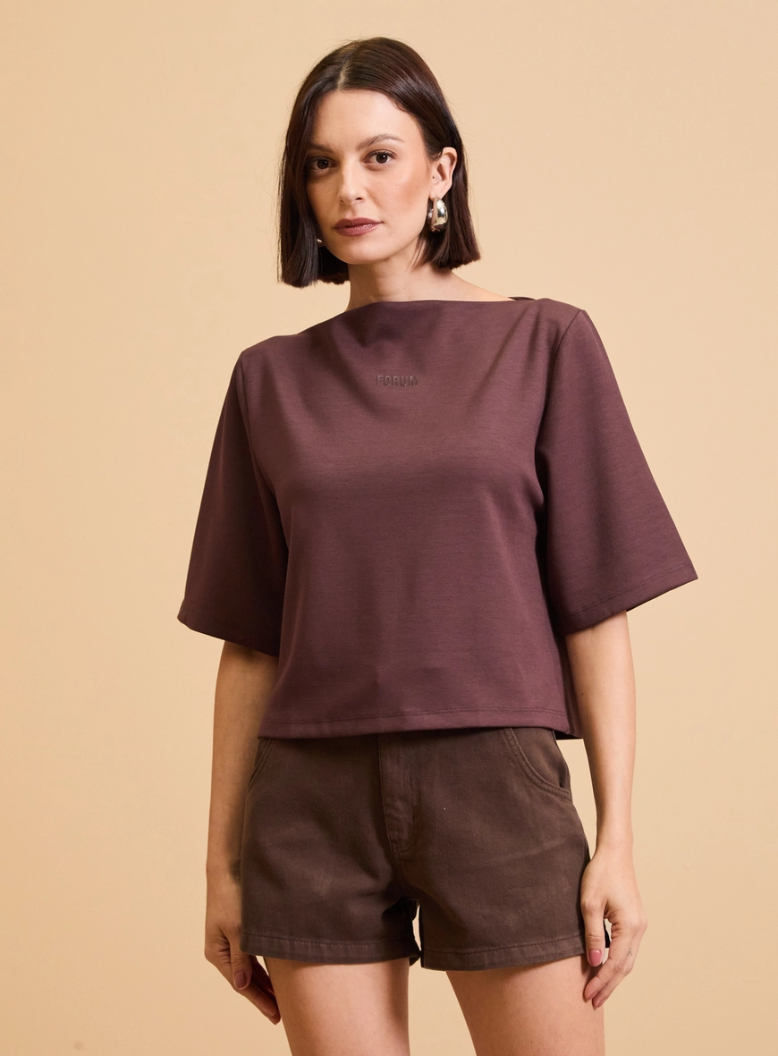 Blusa Manga Ampla Gola Canoa Marrom
