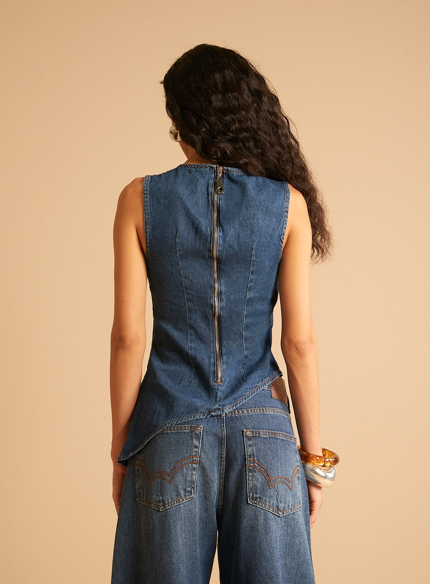 Blusa Jeans Alongada Assimétrica Índigo