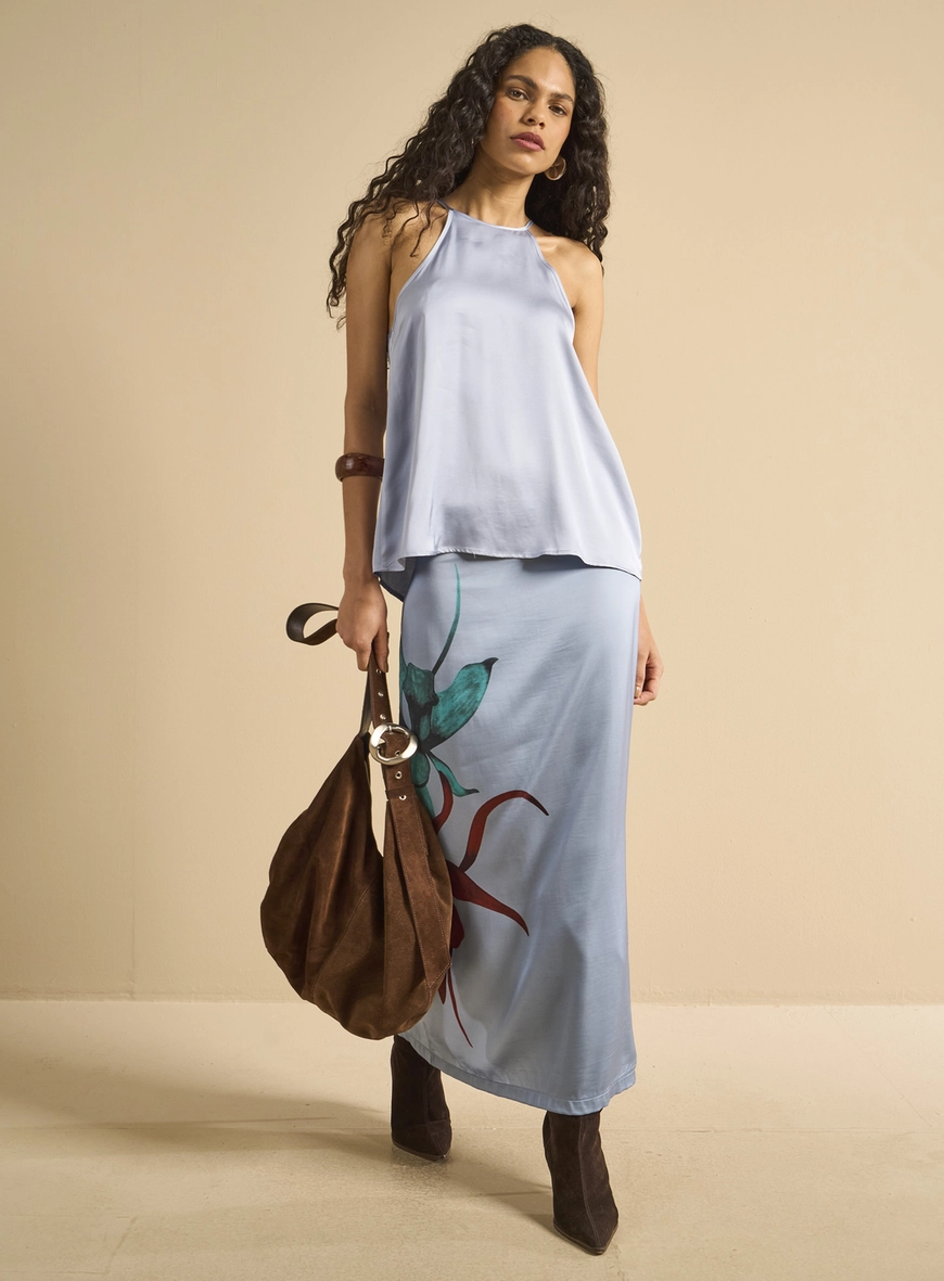 Blusa Ampla Acetinada De Amarração Azul