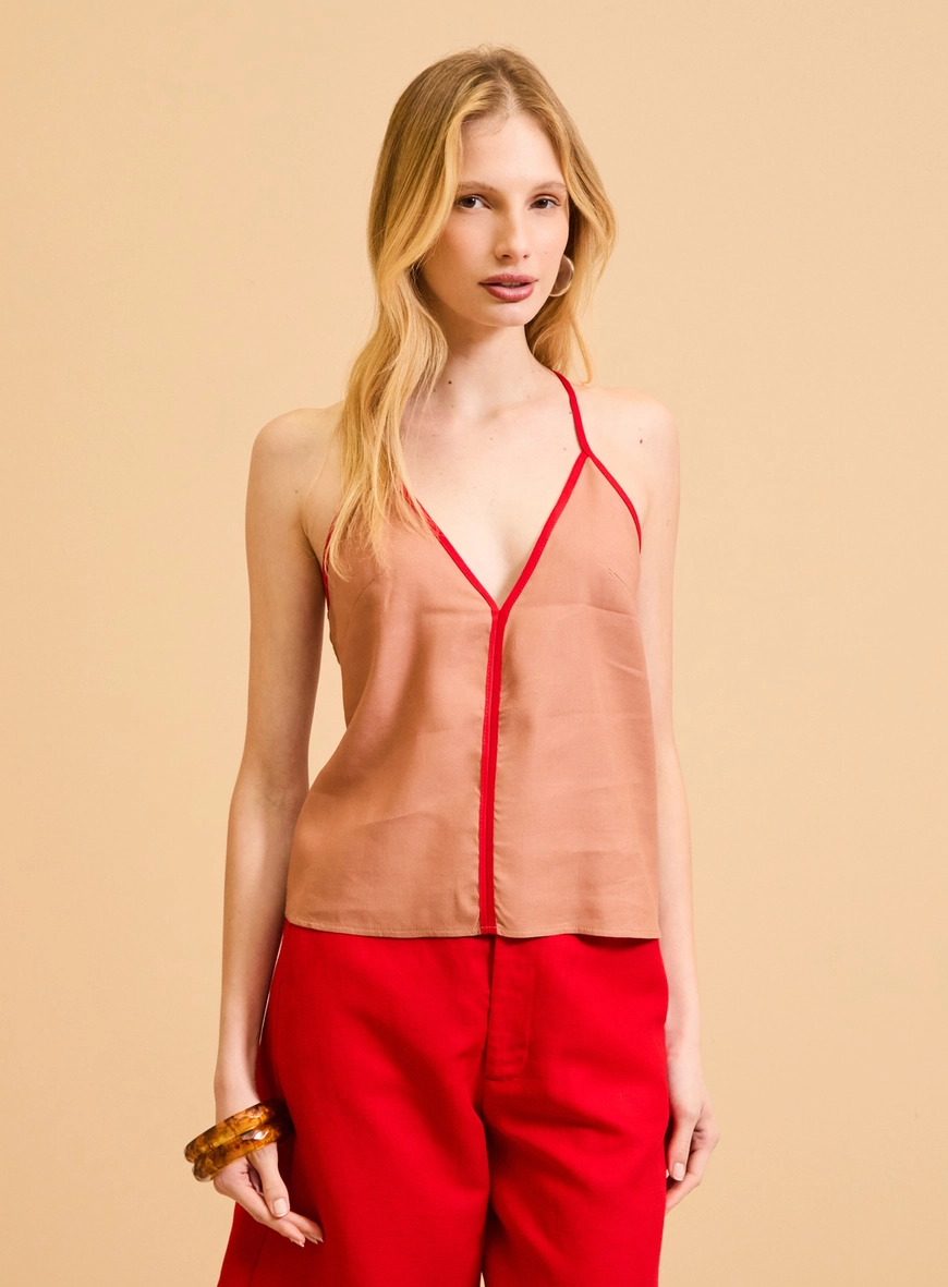 Blusa Ampla De Alças Detalhe Contraste Marrom