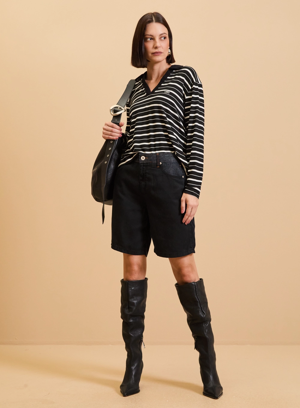 Blusa Manga Longa Listrada Gola Polo Estampados 1