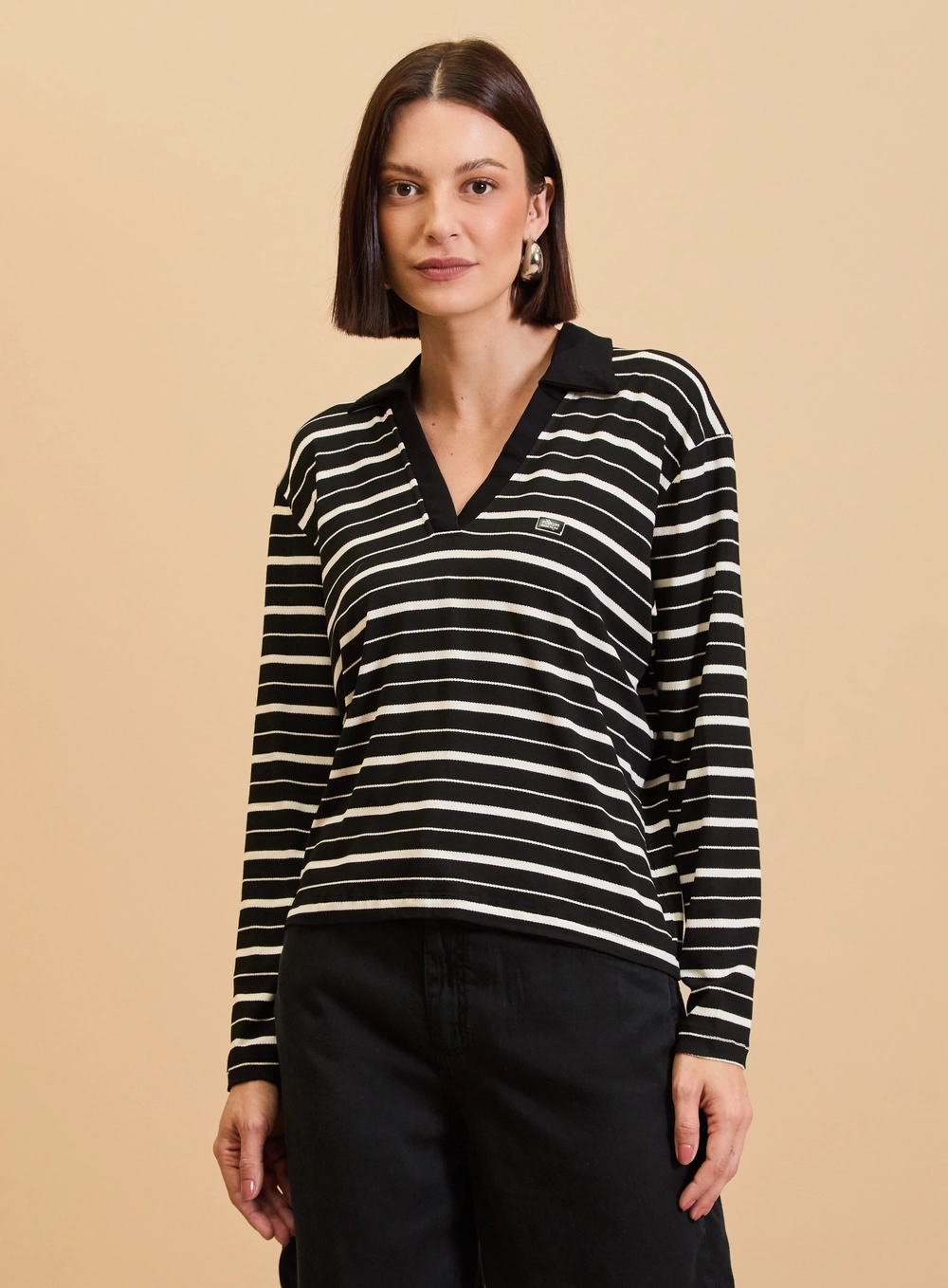 Blusa Manga Longa Listrada Gola Polo Estampados 3