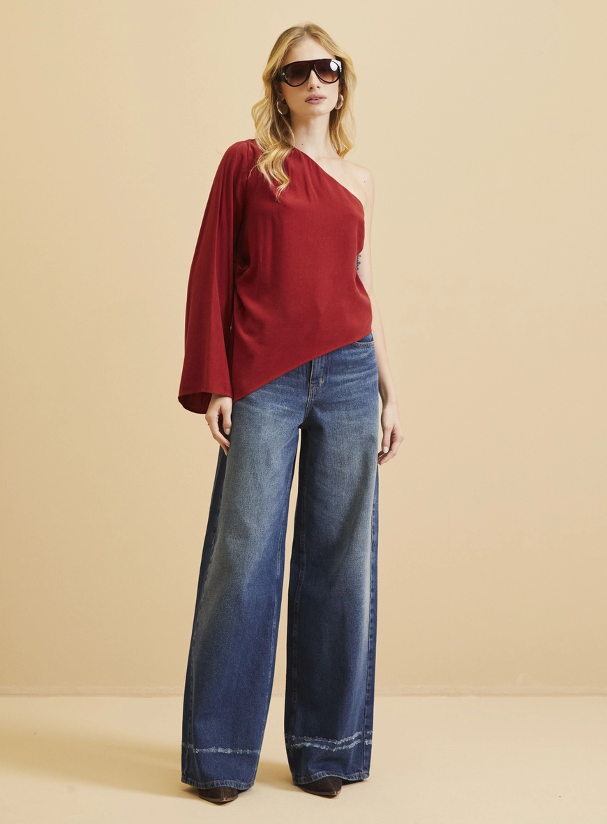 Blusa Assimétrica Uma Manga Longa Vermelho