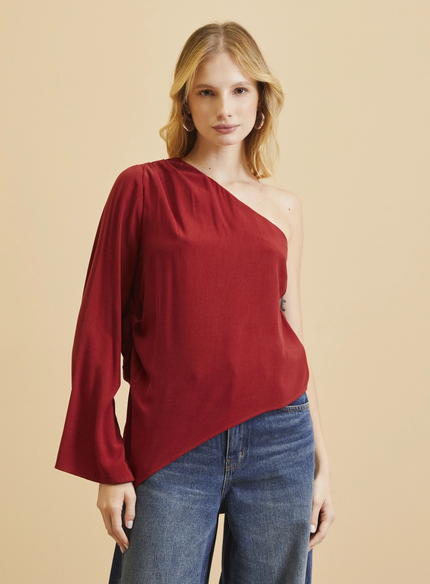 Blusa Assimétrica Uma Manga Longa Vermelho