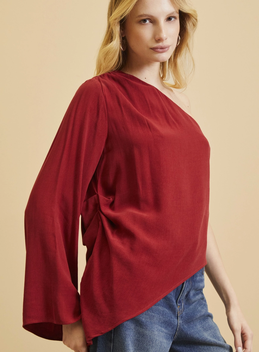 Blusa Assimétrica Uma Manga Longa Vermelho