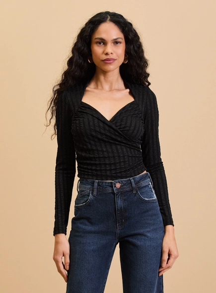 Blusa Texturizada Manga Longa Decote Transpassado