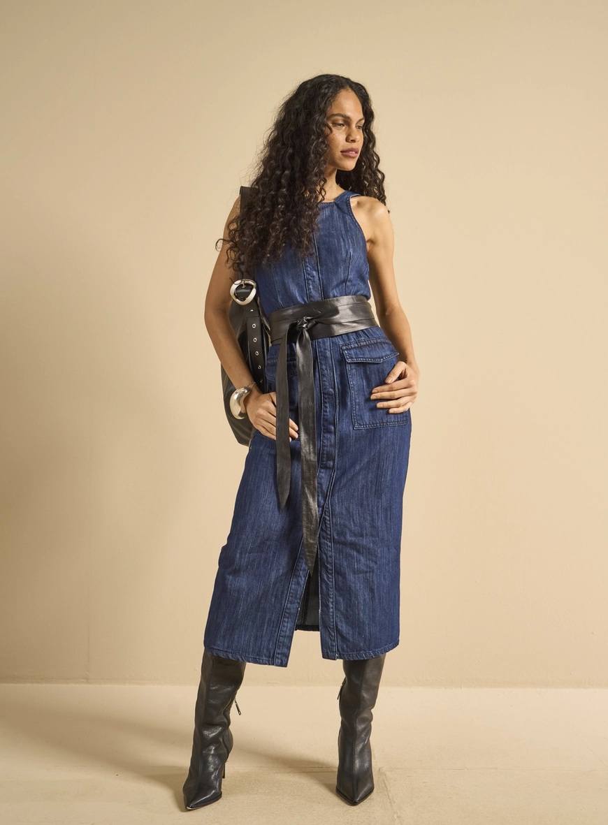 Vestido Jeans Midi Utility Indigo Preto