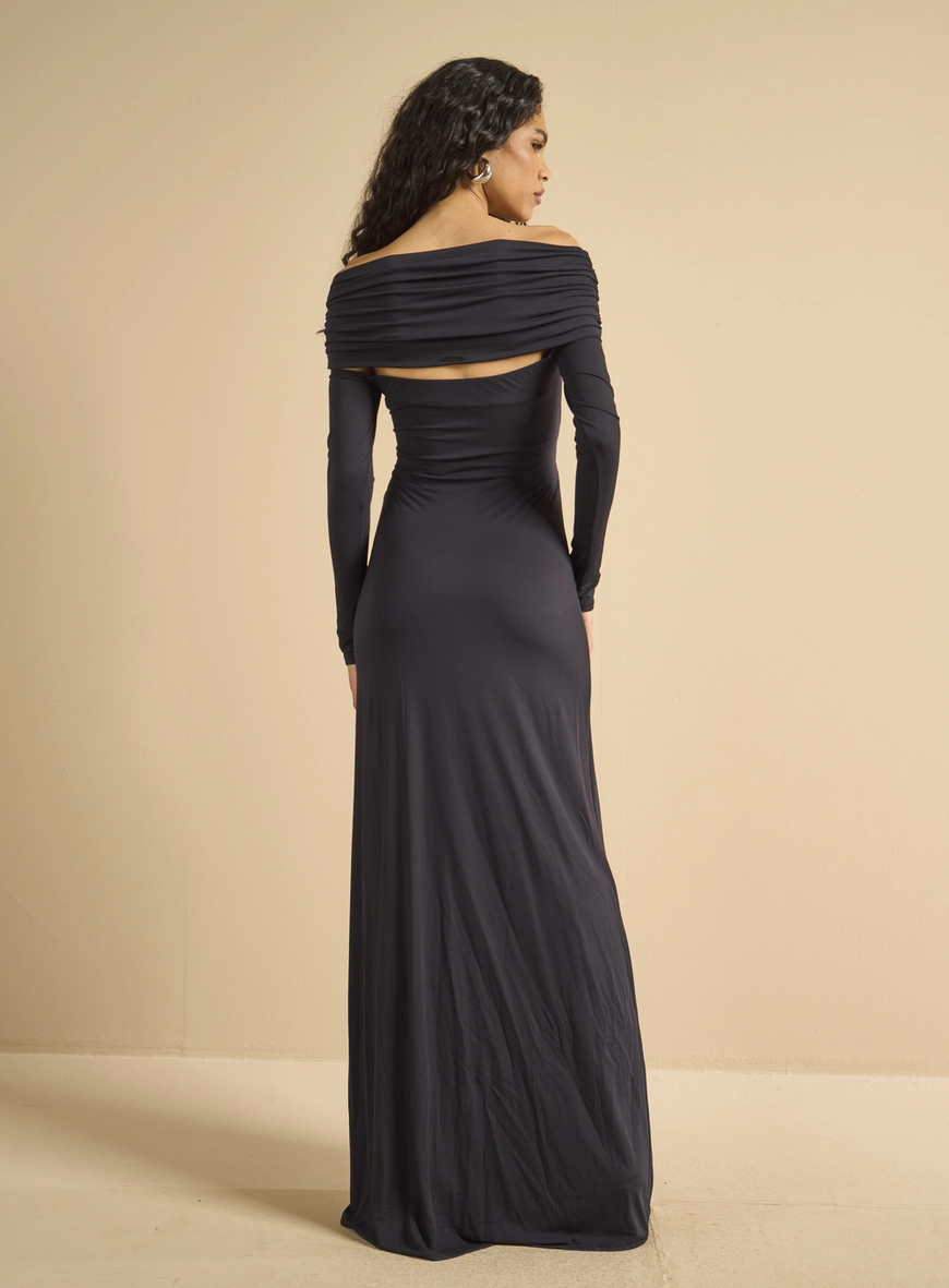 Vestido Longo Ombro A Ombro Com Drapeado Preto