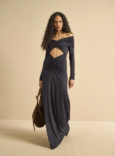 Vestido Longo Ombro A Ombro Com Drapeado