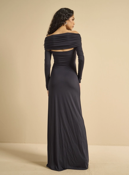 Vestido Longo Ombro A Ombro Com Drapeado