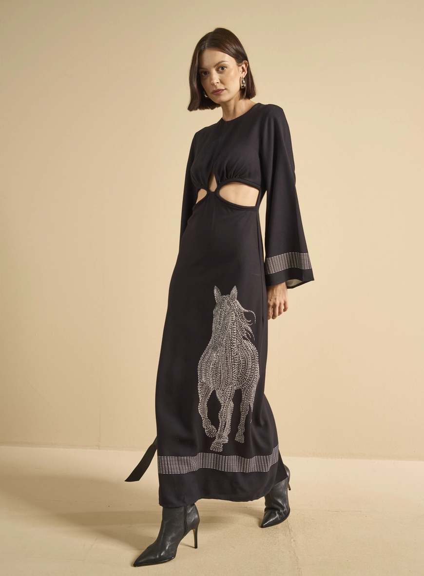 Vestido Longo Reto Estampado Preto