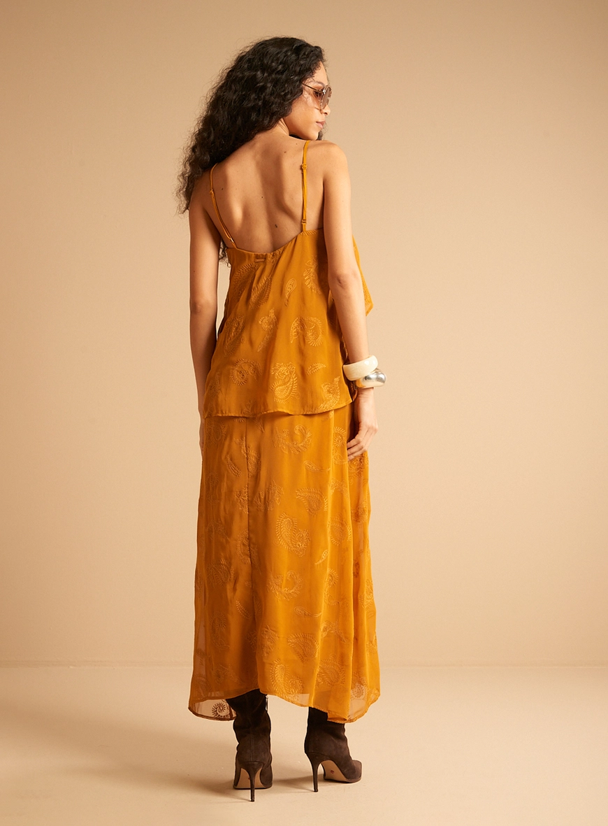 Vestido Longo Bordado Com Babados Amarelo
