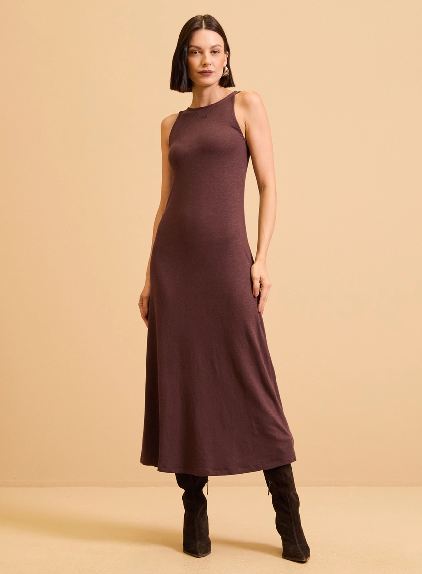 Vestido Midi Básico Fluido Marrom
