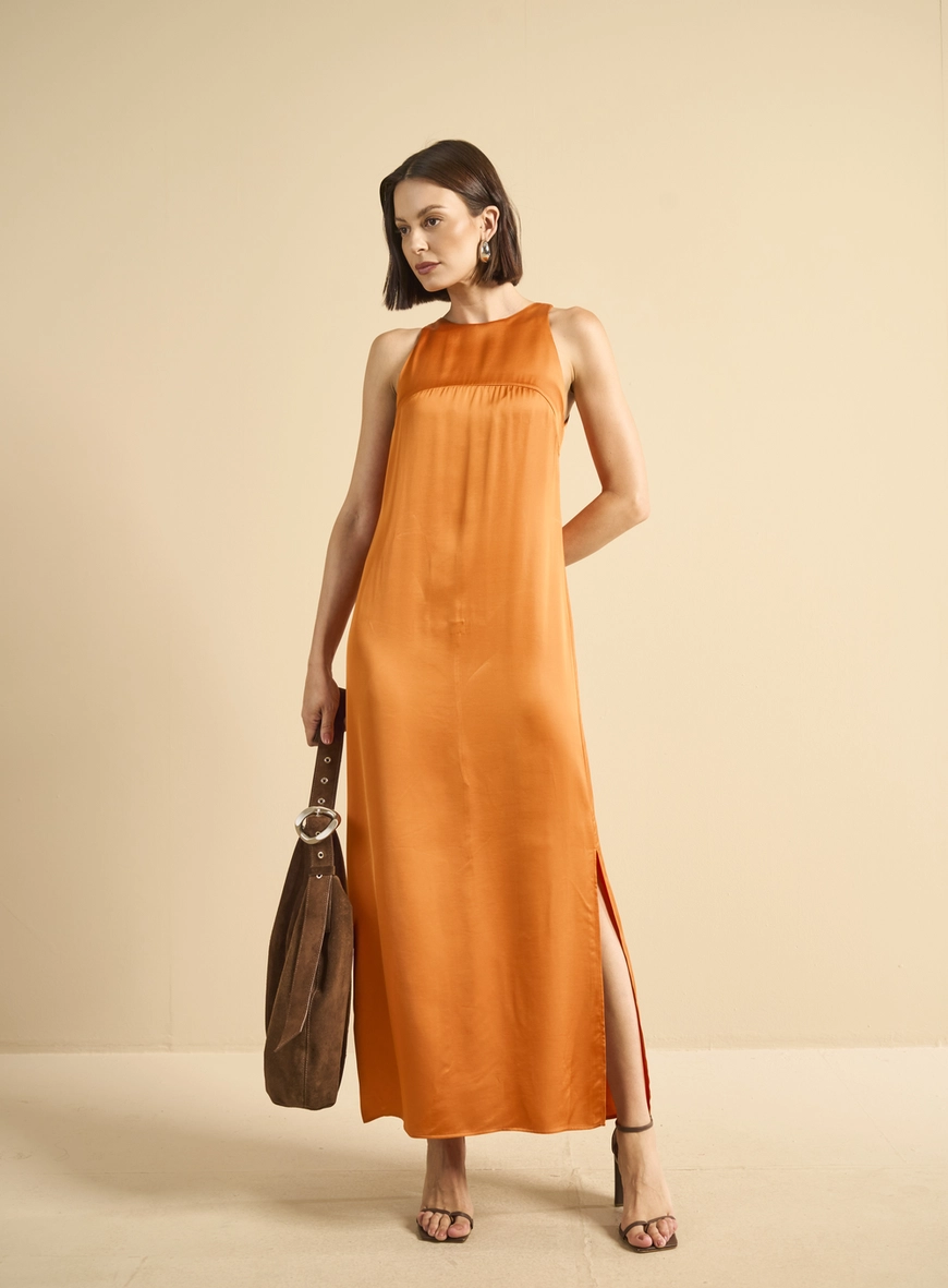 Vestido Midi Reto Acetinado Laranja