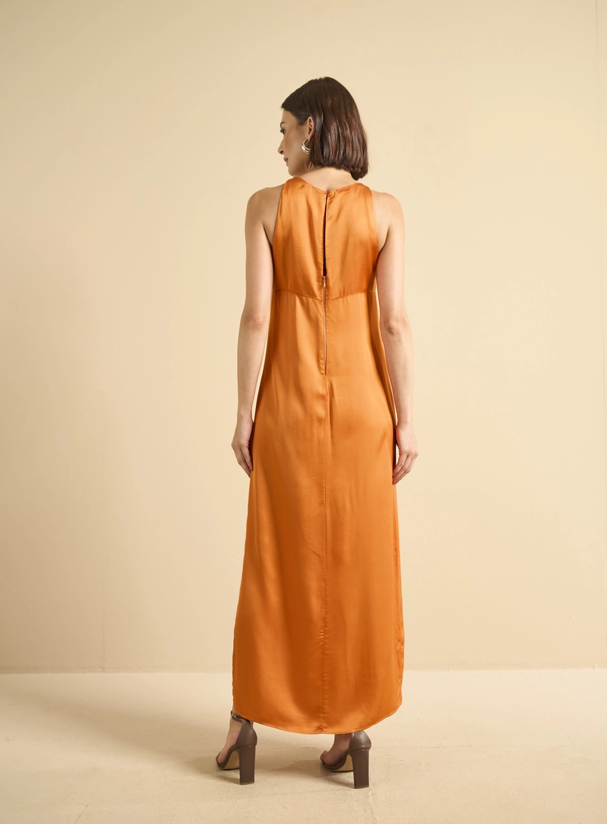 Vestido Midi Reto Acetinado Laranja