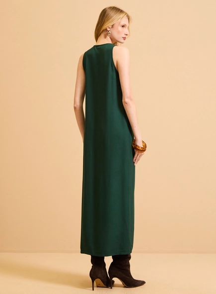 Vestido Midi Reto Decote V Com Fenda