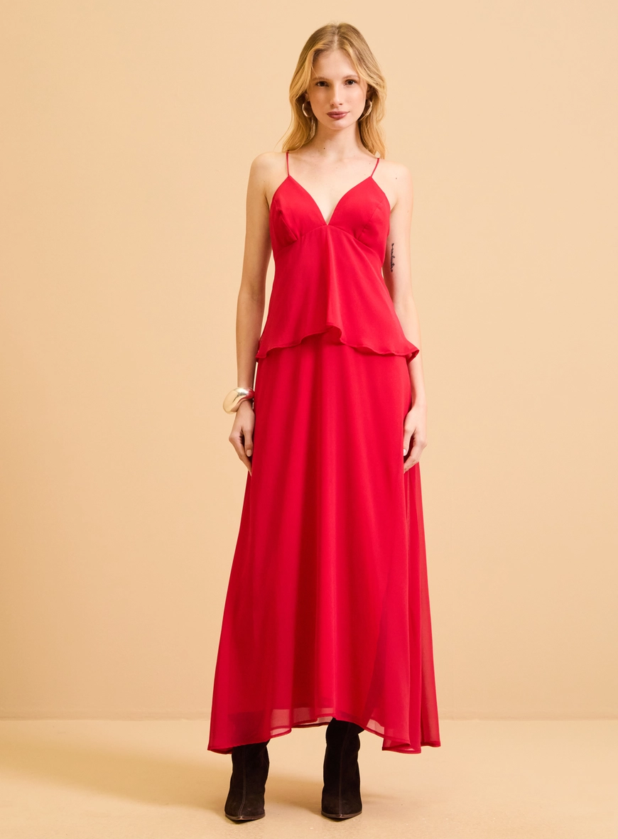 Vestido Midi Estruturado Com Sobreposição Vermelho