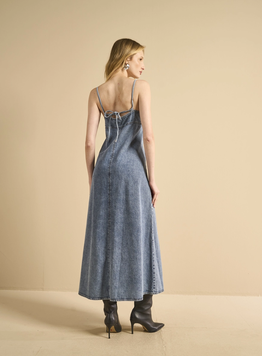 Vestido Jeans Longo Com Amarração Índigo