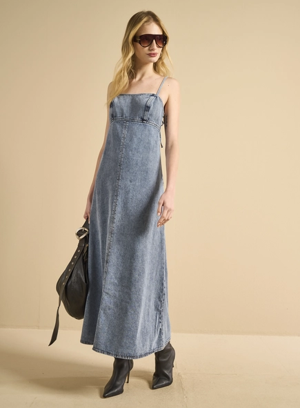 Vestido Jeans Longo Com Amarração