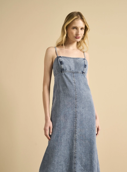 Vestido Jeans Longo Com Amarração