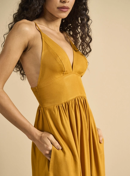 Vestido Midi Evasê Com Franzido