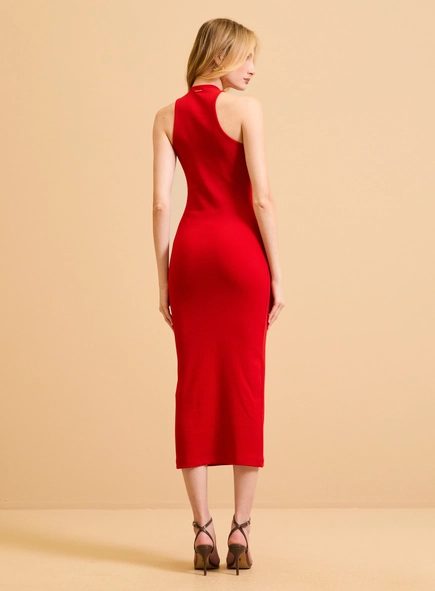 Vestido Midi Canelado Justo Decote Transpassado