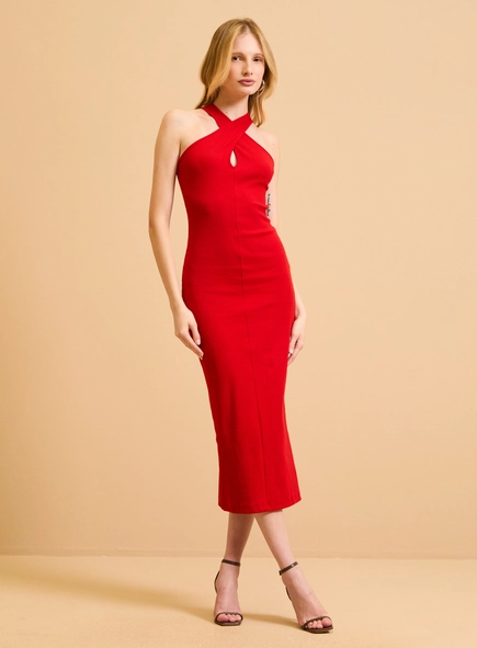 Vestido Midi Canelado Justo Decote Transpassado