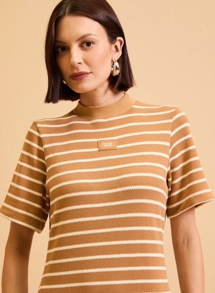 Vestido Midi Gola Alta Com Fenda Listrado