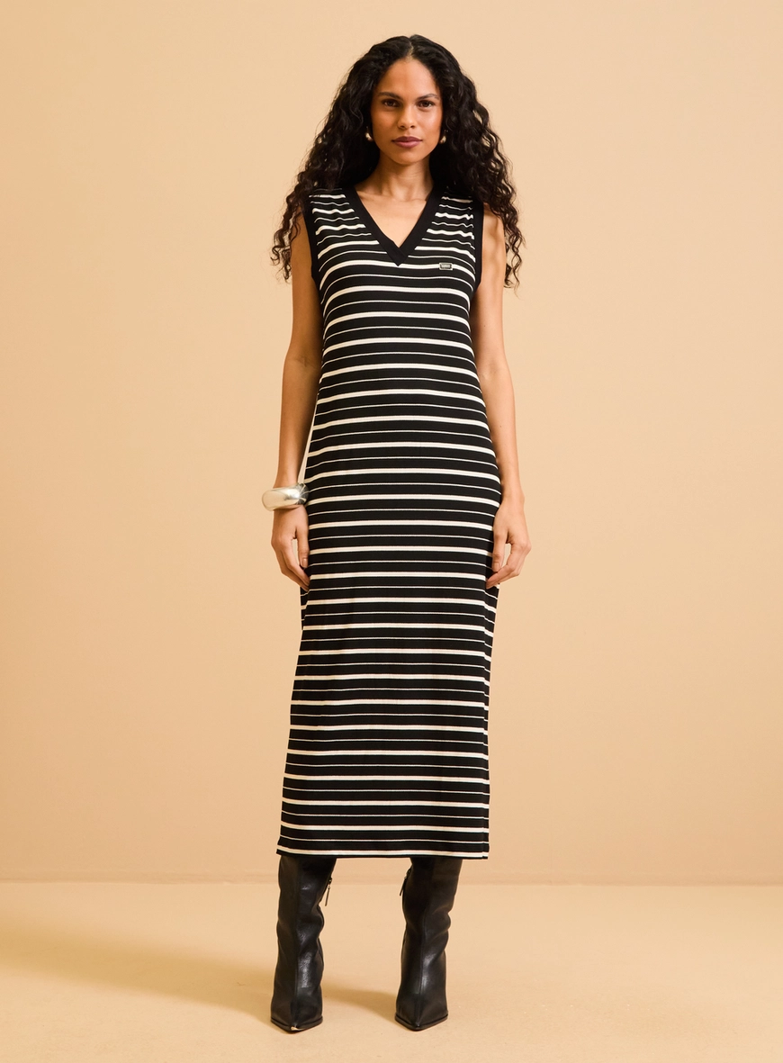 Vestido Midi Listrado Com Decote V Estampados