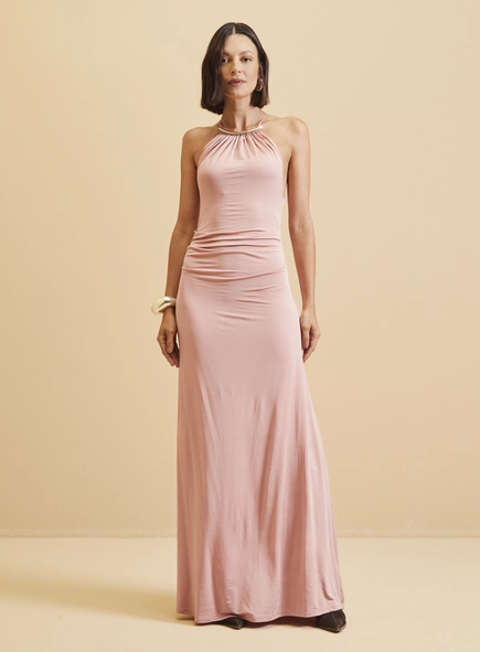 Vestido Longo Frente Única Metal