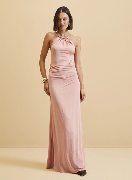 Vestido Longo Frente Única Metal