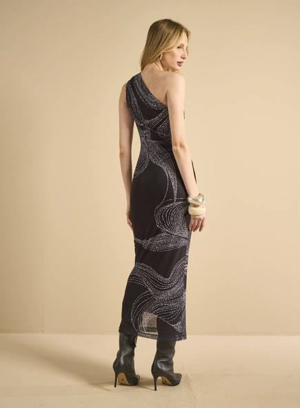 Vestido Midi Tule Um Ombro Só - Pontos Luz