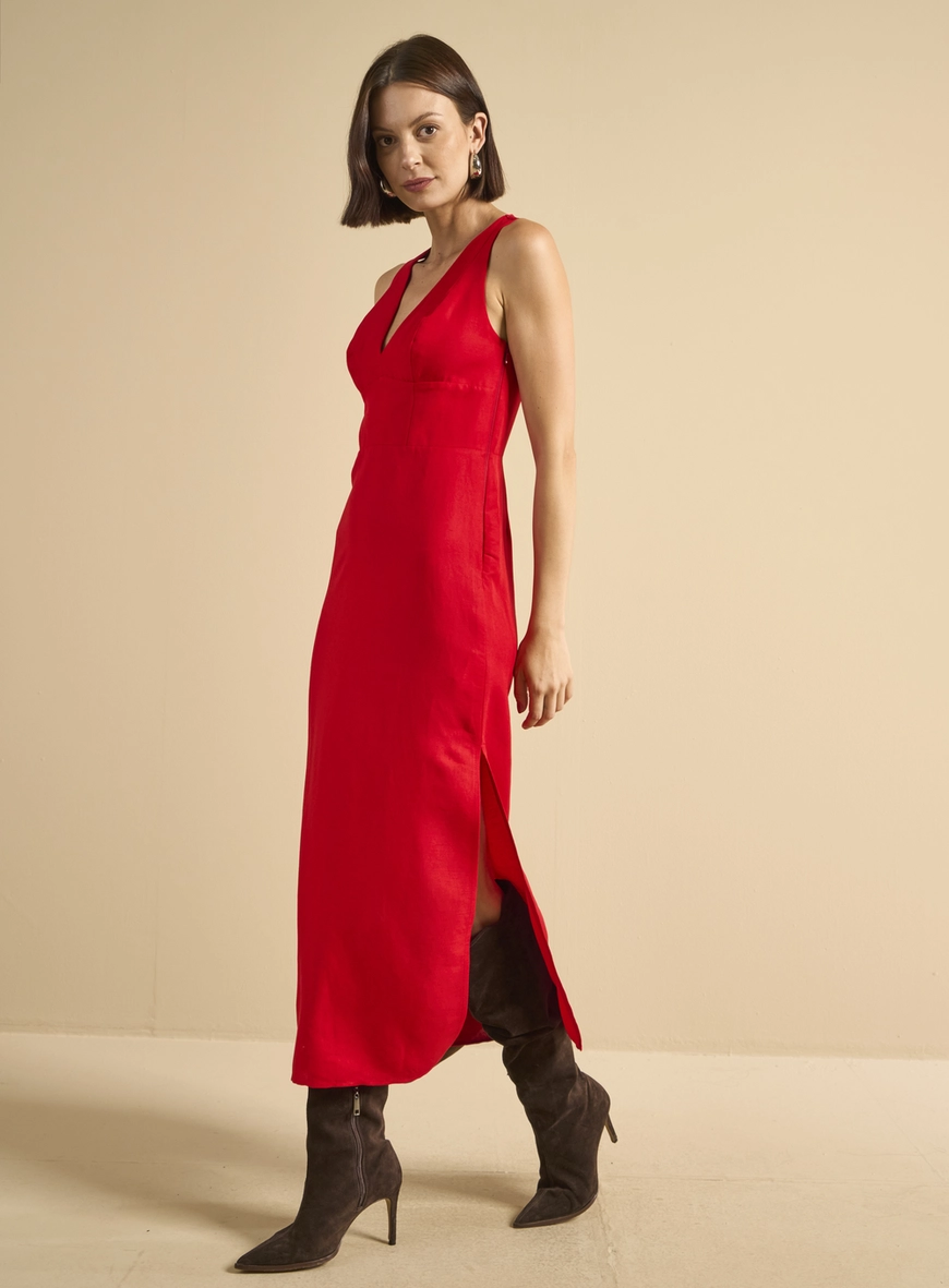 Vestido Midi Reto Decote V Com Fenda Vermelho