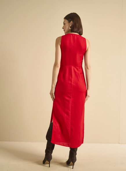 Vestido Midi Reto Decote V Com Fenda